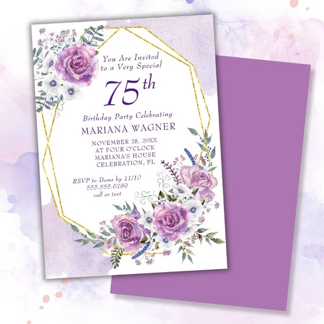Elegant Watercolor Purple Floral 75th Birthday Invitation (Creator Uploaded)