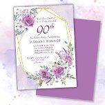 Elegant Watercolor Purple Floral 90th Birthday Invitation<br><div class="desc">Elegant Watercolor Purple Floral 90th Birthday Party invitation with gold frame in pretty purple and lavender roses and flowers.</div>