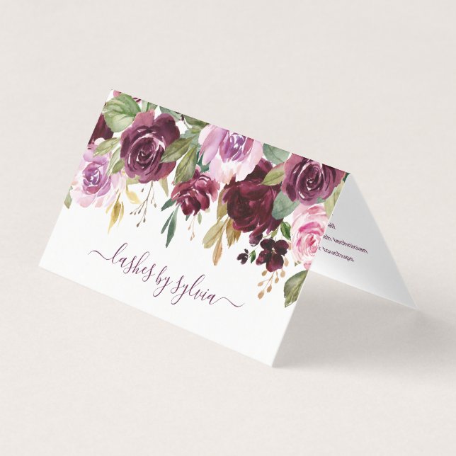 Elegant Watercolor Purple Floral Aftercare Lashes Business Card (Front)