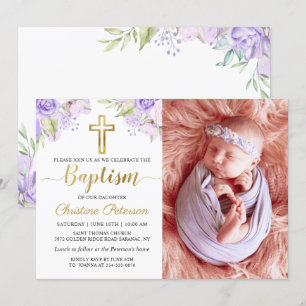Elegant Watercolor Purple Floral Baptism Photo Invitation