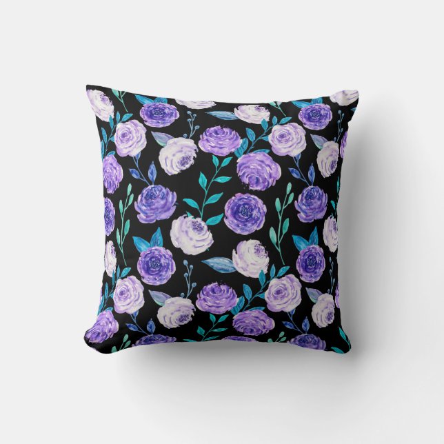 Elegant Watercolor Purple Floral Bouquet | Cushion (Front)