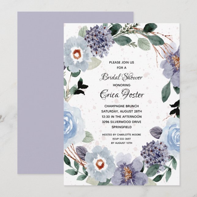 Elegant Watercolor Purple Floral Bridal Shower Invitation (Front/Back)