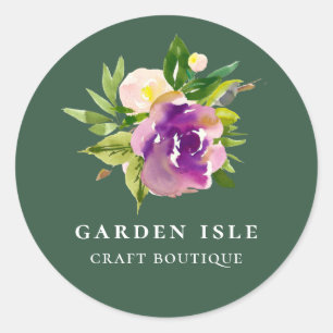 Elegant Watercolor Purple Floral Green Classic Round Sticker