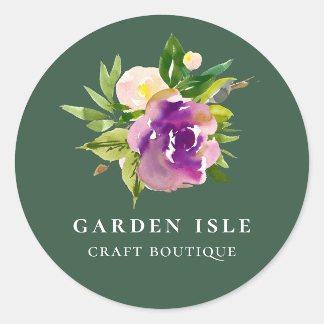Elegant Watercolor Purple Floral Green Classic Round Sticker (Front)