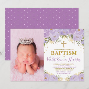 Elegant Watercolor Purple Floral Lavender Baptism Invitation