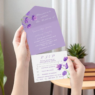 Elegant Watercolor Purple Floral Lavender Wedding All In One Invitation