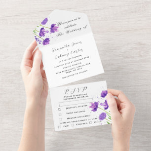 Elegant Watercolor Purple Floral Lilac Wedding All In One Invitation