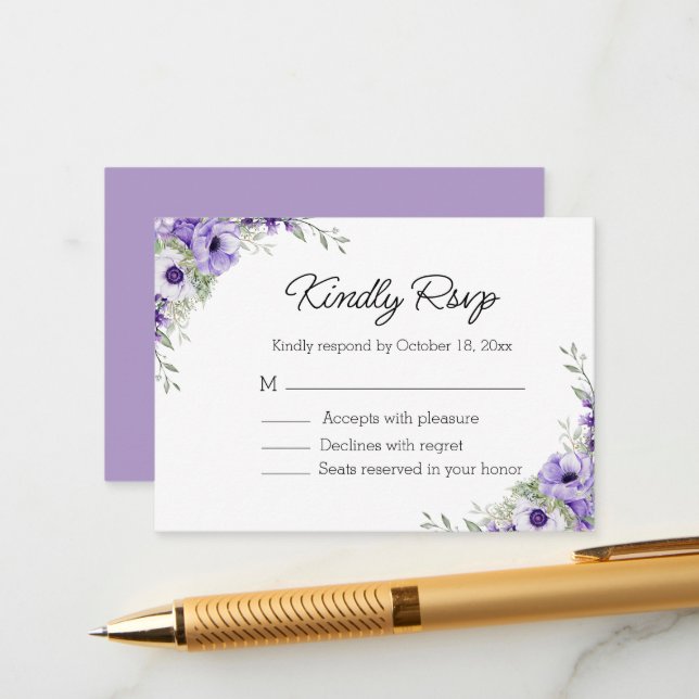 elegant watercolor purple floral rsvp wedding enclosure card (Front/Back In Situ)