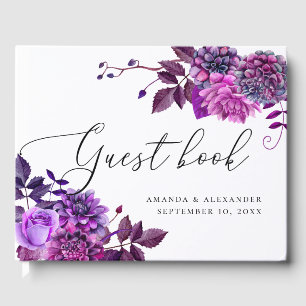 Elegant watercolor purple floral script wedding guest book