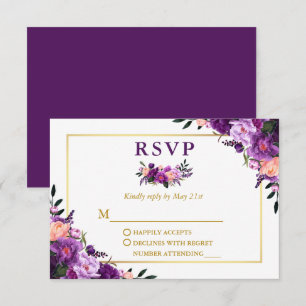 Elegant Watercolor Purple Floral Wedding Gold RSVP Card