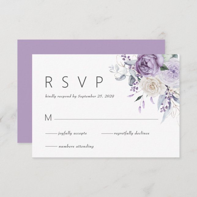Elegant Watercolor Purple Floral Wedding RSVP (Front/Back)