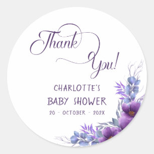 Elegant Watercolor Purple Flower Baby Shower Classic Round Sticker