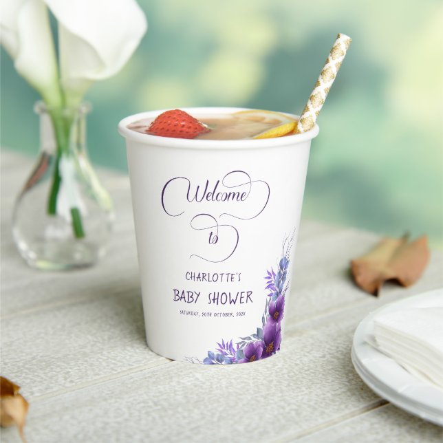 Elegant Watercolor Purple Flower Baby Shower Paper Cups (Insitu)