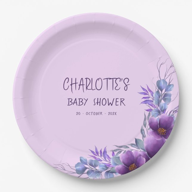 Elegant Watercolor Purple Flower Baby Shower Paper Plate (Front)