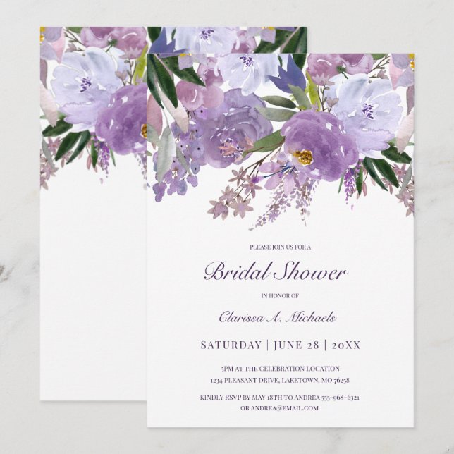 Elegant Watercolor Purple Flowers Bridal Shower Invitation (Front/Back)