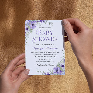 elegant watercolor purple flowers chic baby shower invitation