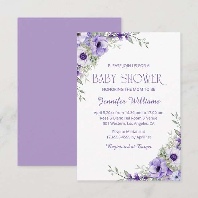 elegant watercolor purple flowers girl baby shower invitation (Front/Back)