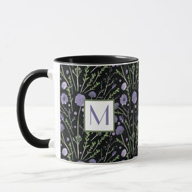 Elegant Watercolor Purple Flowers Monogram Mug (Left)