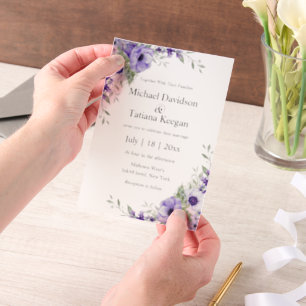elegant watercolor purple flowers wedding  vellum invitations