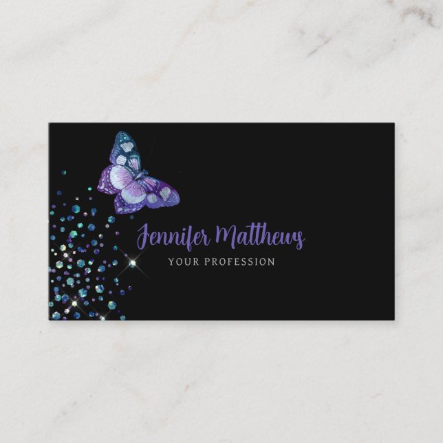 Elegant Watercolor Purple Glitter Butterfly Business Card (Front)