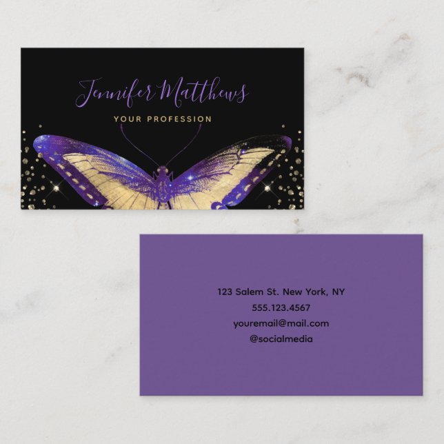 Elegant Watercolor Purple & Gold Glitter Butterfly Business Card (Front/Back)