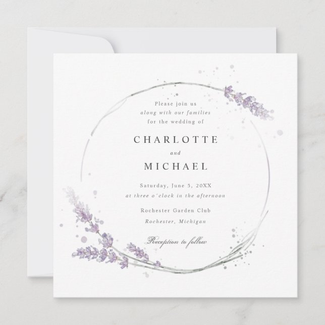 Elegant watercolor purple lavender flower wedding invitation (Front)