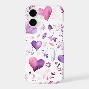 Elegant Watercolor Purple Pink Hearts Floral Phone