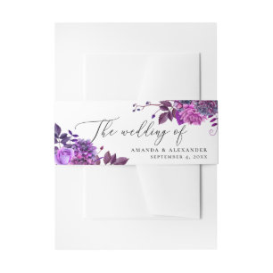 Elegant watercolor purple violet floral wedding invitation belly band