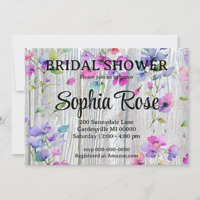 Elegant watercolor purple wildflowers barnwood invitation (Front)