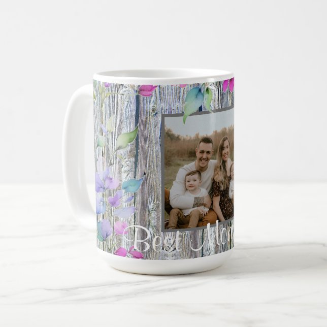 Elegant watercolor purple wildflowers barnwood mum coffee mug (Front Left)