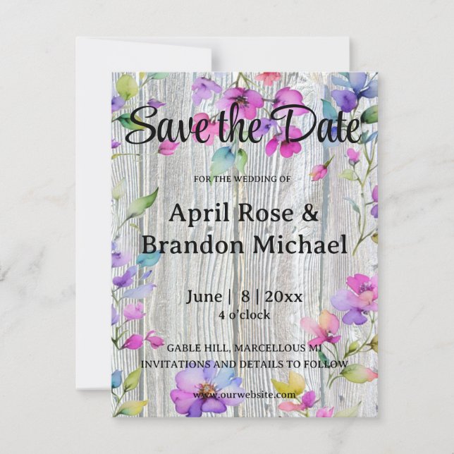 Elegant watercolor purple wildflowers barnwood save the date (Front)