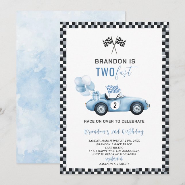 Elegant  Watercolor Race Car 2nd  Birthday Party Invitation (Front/Back)