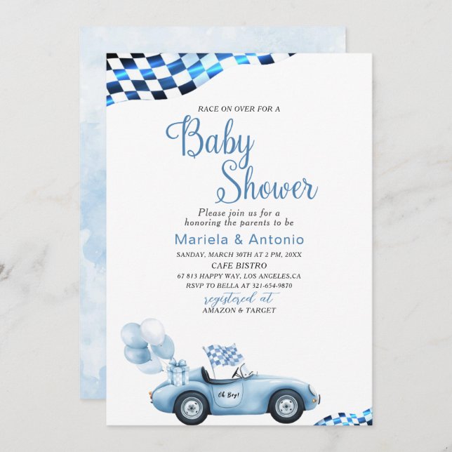 Elegant  Watercolor Race Car Baby Shower Invitation (Front/Back)