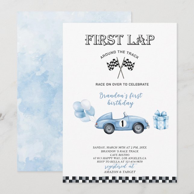 Elegant  Watercolor Race Car first  Birthday Party Invitation (Front/Back)
