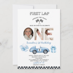 Elegant Watercolor Race Car first Birthday Party Invitation