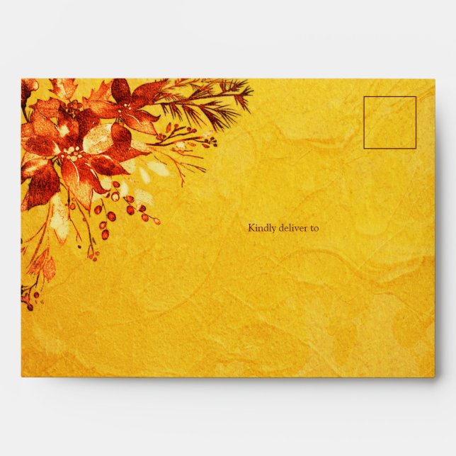 Elegant Watercolor Red and Gold Poinsettia Wedding Envelope (Front)