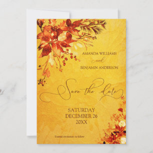 Elegant Watercolor Red and Gold Poinsettia Wedding Save The Date