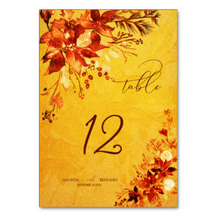 Elegant Watercolor Red and Gold Poinsettia Wedding Table Number