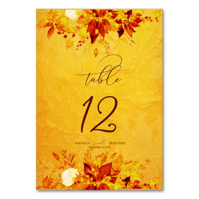 Elegant Watercolor Red and Gold Poinsettia Wedding Table Number (Front)