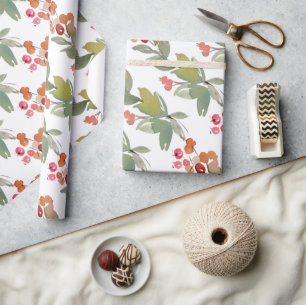Elegant Watercolor Red Berry Christmas Floral Wrapping Paper