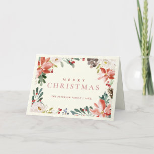 Elegant Watercolor Red Berry Poinsettia Non Photo Holiday Card