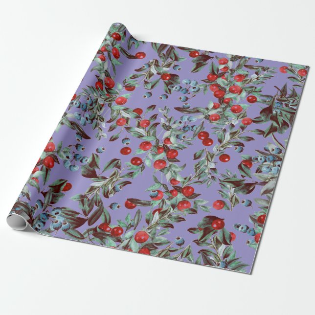 Elegant Watercolor Red Blue Berries Periwinkle Wrapping Paper (Unrolled)