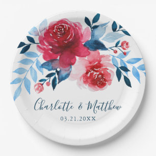 Elegant Watercolor Red Blue Floral Wedding Paper Plate