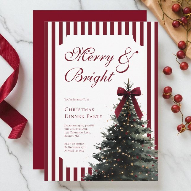 Elegant Watercolor Red Bow Christmas Dinner Party Invitation (Elegant Watercolor Red Bow Christmas Dinner Party Invitation)