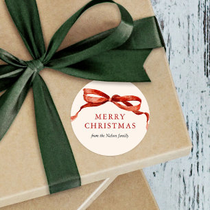 Elegant Watercolor Red Bow Christmas Holiday Classic Round Sticker