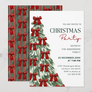Elegant Watercolor Red Bow Christmas Tree Party Invitation