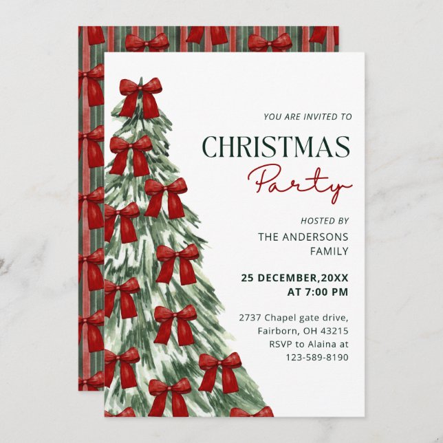 Elegant Watercolor Red Bow Christmas Tree Party Invitation (Front/Back)