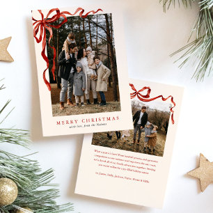 Elegant Watercolor Red Bow Christmas Two Photo Holiday Card