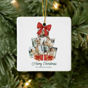 Elegant Watercolor Red Bow Family Christmas Tree Ceramic Ornament