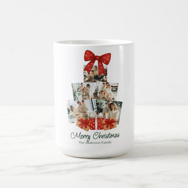 Elegant Watercolor Red Bow Family Christmas Tree Coffee Mug (Center)